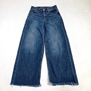 American Eagle Wide Leg Jeans Womens 000 Short Blue Raw Hem Stretch High Rise